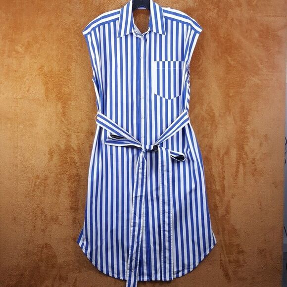 DEREK LAM Shirt Dress Womens Size 6 Blue Stripe Button Up Belted Pocket Collared - Picture 1 of 10